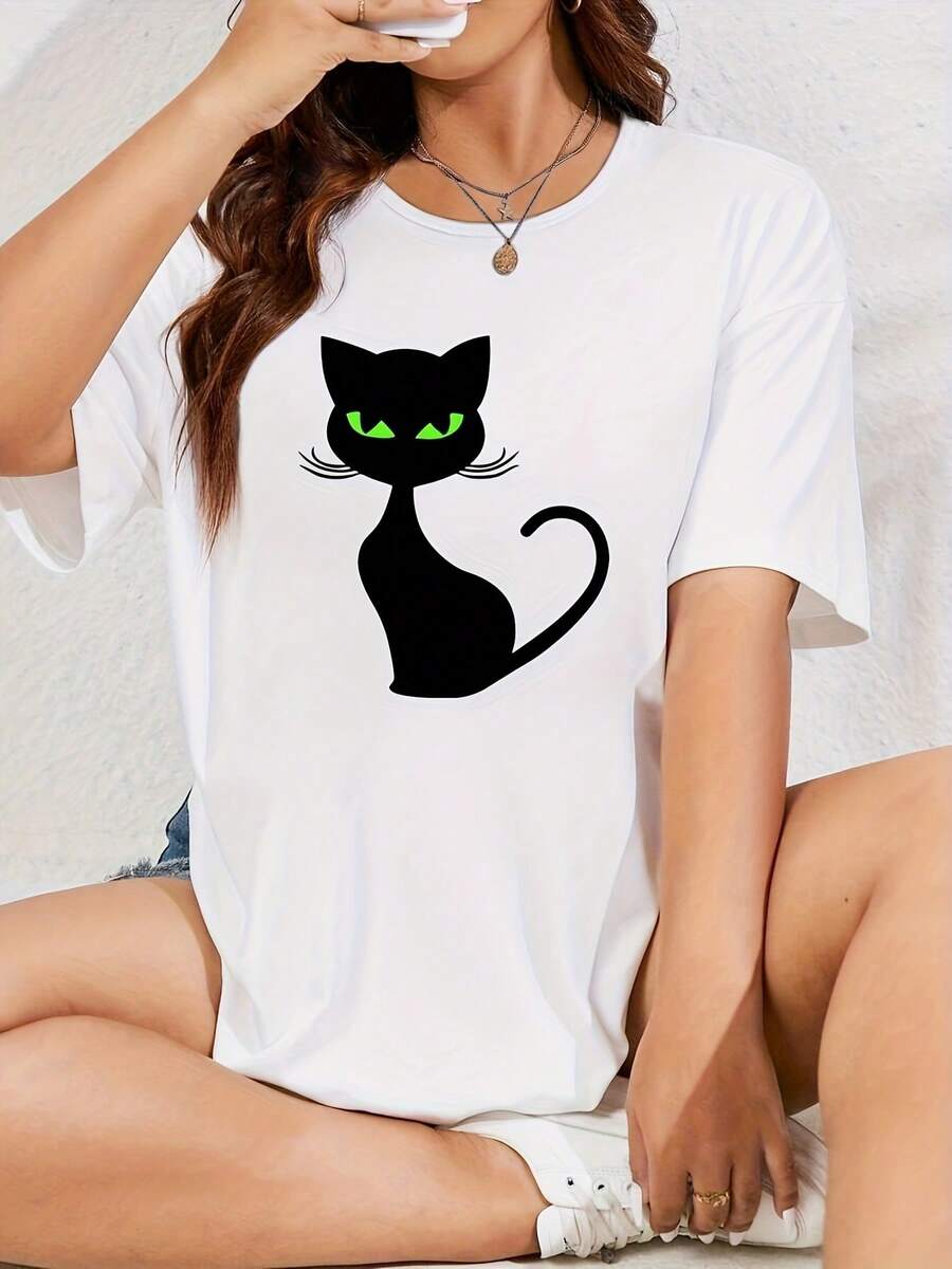 Women's Cotton T-Shirts, Crew Neck, Casual, With Black Kitten Print, For Pet Lovers, Plus Size. Comfortable And Loose-Fitting Printed T-Shirt For Women, Ideal For Work, Going Out, Or Lounging At Home. Plus Size T-Shirt For Women, Perfect For Spring And Summer. Simple T-Shirt For Everyday Wear. - 白色 - 查看 1