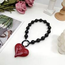 Short Phone Lanyard With Red Big Heart Pendant, Suitable For Camera, Bag, Keys, Universal Clip - Black - View 3