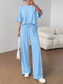 PRETTYGARDEN Women's Summer Clothes 2 Piece Sets Lounge For Short Sleeve Matching Airport Travel Outfits Casual Light Blue Vacation Summer Brunch Outfits For Women Mothers Day Outfit - 淺藍色 - 查看 5