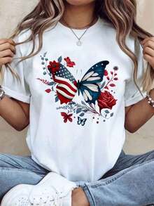 Women's T-Shirt With Floral Butterfly And American Flag Design, Patriotic For Independence Day, July 4th, Casual Summer Style, Fashion Graphic T-Shirt, 220g - Urban Vintage Style, Unisex, 100% Pure Cotton, Short Sleeve, Round Neck. - 白色 - 查看 7