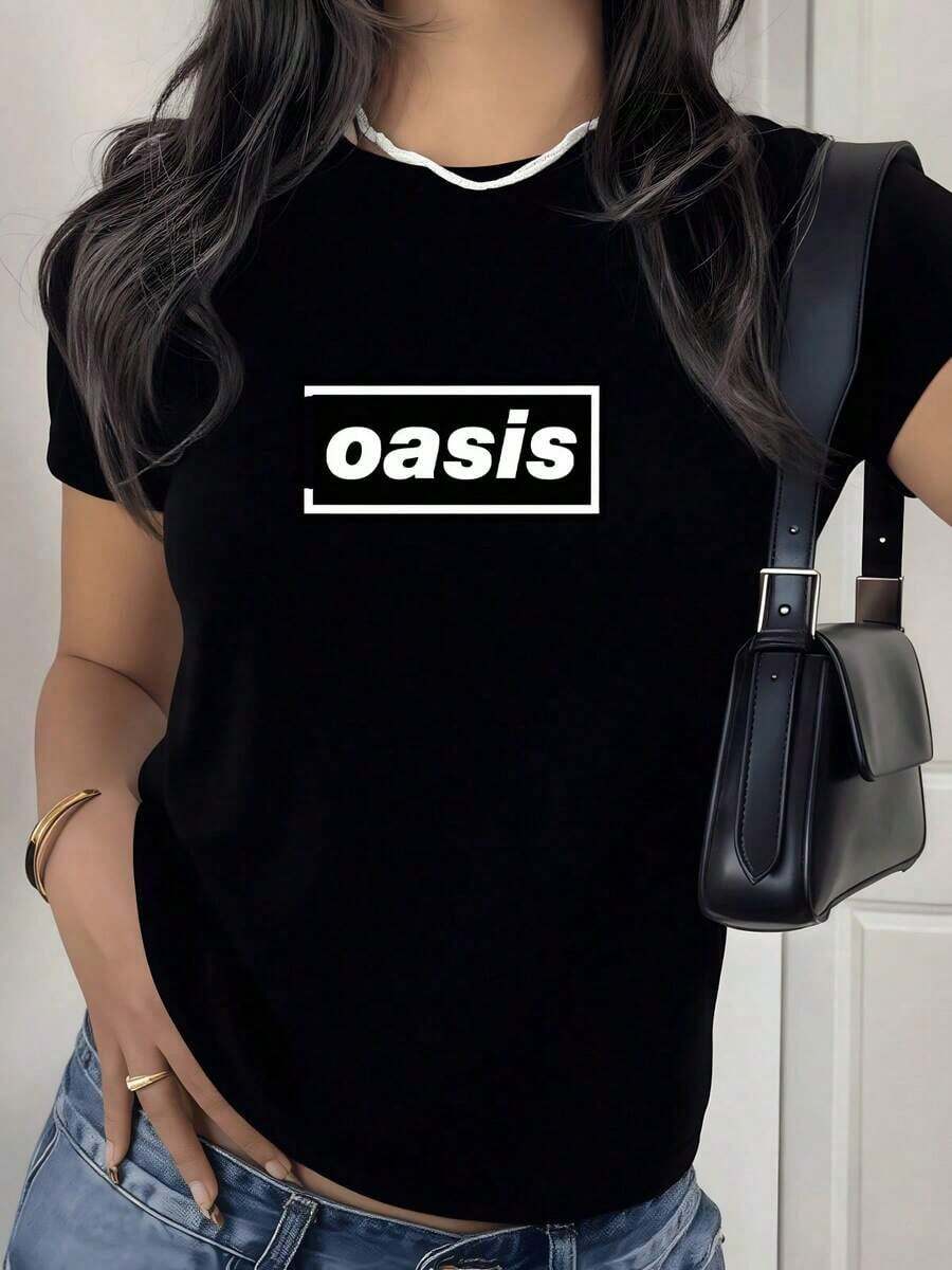 100% Cotton. The Central Word "Oasis" Represents An Inner Refuge And Purity Of Spirit, Evoking Calm And Freedom Amidst Chaos. Modern Women's T-Shirt, 100% Soft Cotton, Comfortable And Stylish Fit For Everyday Wear. Women's Simple Solid Color T-Shirt, Loose And Slim Fit Casual Short Sleeve - 黑色 - 查看 1