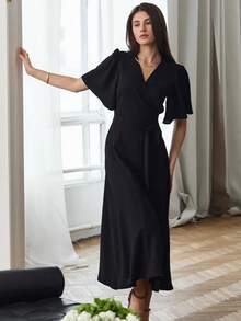 French Maxi Dress With V-Neck, Tie And Fitted Waist, Spring Summer 2026 - 黑色 - 查看 7