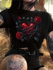 Women's Gothic T-Shirt With Rose And Thorn Print, Batwing Sleeves, Round Neck, Black And Red Color, Short Sleeve, Medium Stretch Fabric, Suitable For Daily Wear, Spring-Summer Combinations Or As A Halloween Costume, Machine Washable. - 黑色 - 查看 1