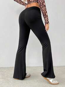 Pantalones acampanados de cintura alta envolvente de unicolor sencillo - Negro - Ver 2