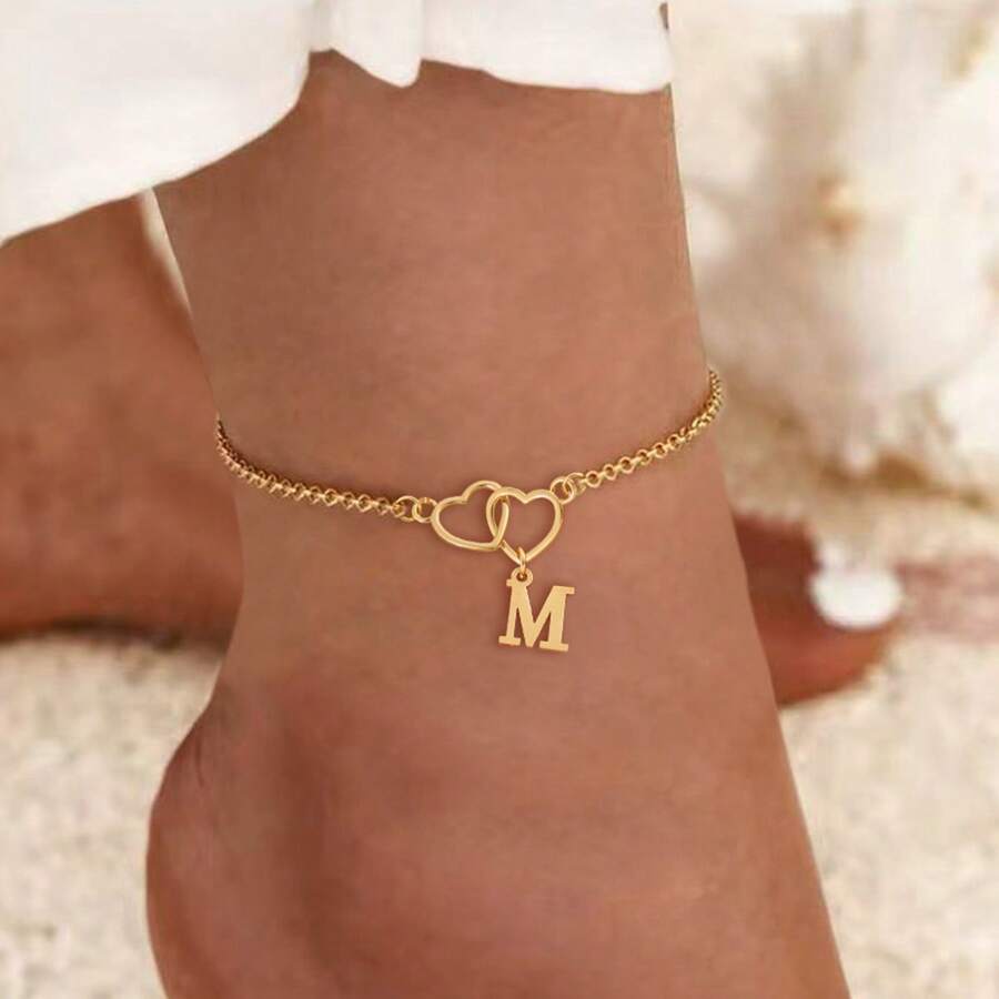 1 buah Gelang Kaki Rantai Stainless Steel Emas Huruf Hati Ganda Modis Baru untuk Wanita - Yellow Gold - View 1