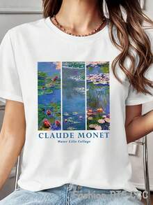 Women's Elegant And Beautiful Pure Cotton T-Shirt Y2K Style, Fashionable Short Sleeve Top, Urban Hip Hop Style, Casual And Breathable, Printed Design, Ideal For Beach Trips, Gym, Summer Clothes, Outdoor Sports, Gift, Artistic Water Lily Pattern. - 白色 - 查看 7