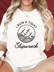 Women's Round Neck, Short-Sleeved T-Shirt With A Fun Print. A Fitted Black T-Shirt With A Nautical Design And Sailboat Print, Perfect For Beach And Summer Outfits. Suitable For Christmas Parties, Sports Activities, Vacations, Outings, And Other Festive Gifts (220g). Women's Blouses - 白色 - 查看 1