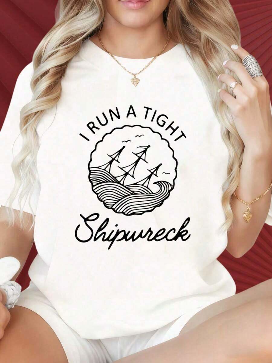 Women's Round Neck, Short-Sleeved T-Shirt With A Fun Print. A Fitted Black T-Shirt With A Nautical Design And Sailboat Print, Perfect For Beach And Summer Outfits. Suitable For Christmas Parties, Sports Activities, Vacations, Outings, And Other Festive Gifts (220g). Women's Blouses - 白色 - 查看 1