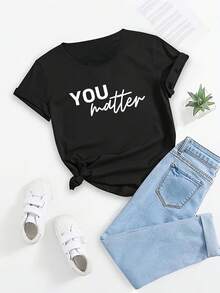 Women's Casual Crew Neck T-Shirt With "You Matter" Print, 100% Polyester Knit Fabric, Short Sleeves, Regular Fit, Comfortable For All Seasons, Inspirational Clothing. | Casual Style T-Shirt | Women's Medium-Stretch Top - 黑色 - 查看 3