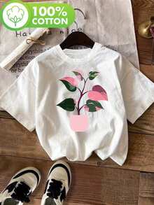 Pink Leaf Plant In Pink Pot, Rare Philodendron 'Princess Pink' Plant, A Gift For Collectors, Casual Short Sleeve Round Neck Blouse, For Summer And Spring, Women's Blouses. - 白色 - 查看 7