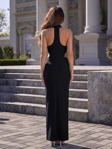 Nouvelle robe de soirée élégante à col montant blanc floral 3D sexy, sans manches, dos nu, fendue haute, style bandage. Robe de soirée pour femmes pour mariage, fête, vacances - Noir - Voir 10
