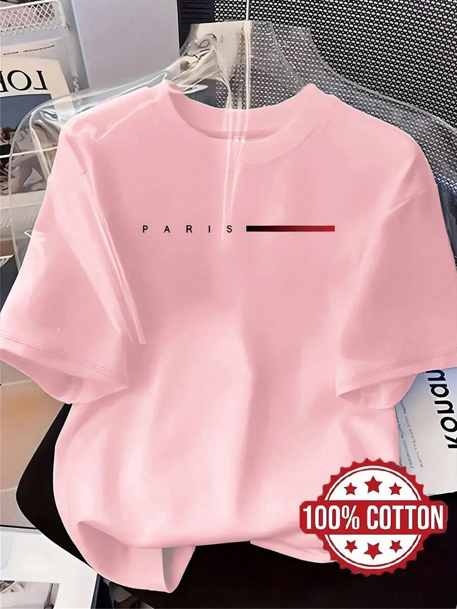 TH73 Women's Fashion T-Shirt With Paris Letter Print, 100% Round Neck, Short Sleeve, Loose Fit With Drop Shoulders, Sweat Absorbing And Breathable, Comfortable Casual Home Wear, Suitable For Layering In Autumn And Winter, And As Outerwear In Spring And Summer. - 粉色 - 查看 1