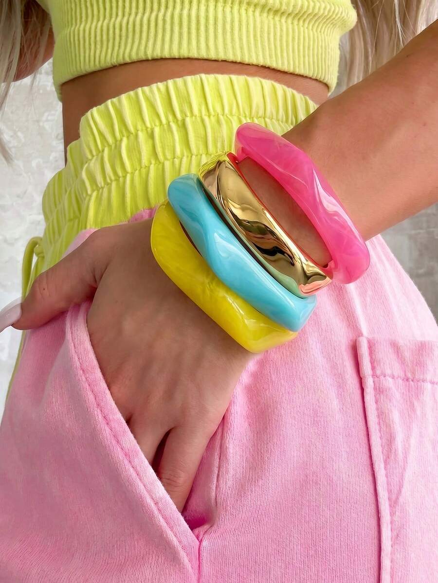 NAIZHU 1/4pcs Colorful Dopamine Geometric Resin Bracelet For Women, Daily, Date, Party Accessories - Multicolor - View 1
