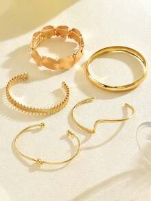5pcs Elegant Minimalist Open Bangle Set, Fashion Layered Open Bangle Bracelet Combination, Versatile - Gold - View 3