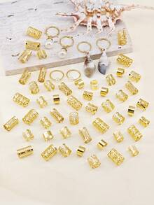 56pcs Luxury Beach Element Hair Rings With White Conch & White Pearls - Summer Adjustable Hair Cuffs, Coastal Boho Jewelry For Dreadlocks - Gold - View 3