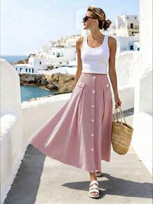 Women's Casual A-Line Skirt With Striped Front Buttons - Grey - View 3