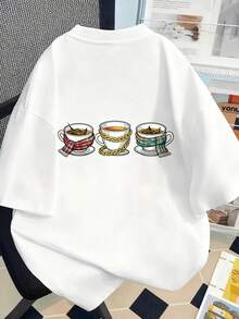 | Exquisite Design | Loose And Comfortable | Easy To Match | 1 Piece Of Women's Winter Clothing, A Cute Casual Winter T-Shirt With Teacup Print, Suitable For Tea Lovers, Round Neck, Short Sleeve, Fashionable Casual Top, Elegant Party Wear, Christmas Outfit, Christmas Gift, Autumn Wear, Soft Material, Printed T-Shirt. - 白色 - 查看 7