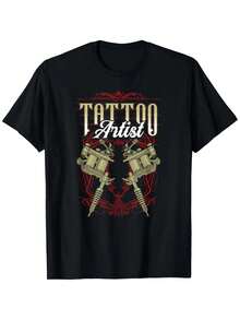 Men's Tattoo Artist Graphic T-Shirt - Vintage Tattoo Machine Design, Loose Fit With Crew Neck, Suitable For Tattoo Studios, Body Art Experts And Urban Casual Wear - Washable Ink Artist Clothing, Studio Clothing, Attractive Printed T-Shirt. - 黑色 - 查看 1