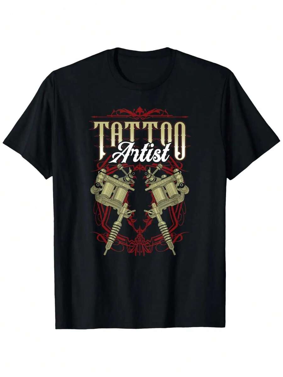 Men's Tattoo Artist Graphic T-Shirt - Vintage Tattoo Machine Design, Loose Fit With Crew Neck, Suitable For Tattoo Studios, Body Art Experts And Urban Casual Wear - Washable Ink Artist Clothing, Studio Clothing, Attractive Printed T-Shirt. - 黑色 - 查看 1