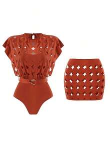 Swim Oasis Conjunto premium de cinturón de mujer de unicolor con diseño calado y cuello redondo - Color caoba - Ver 9