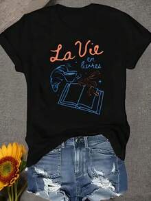 Women's Casual Summer T-Shirt, Literary Style, Parisian Style, Playful Fashion, College Style, Book Aesthetic, Predestined To Read French Phrases - 黑色 - 查看 12