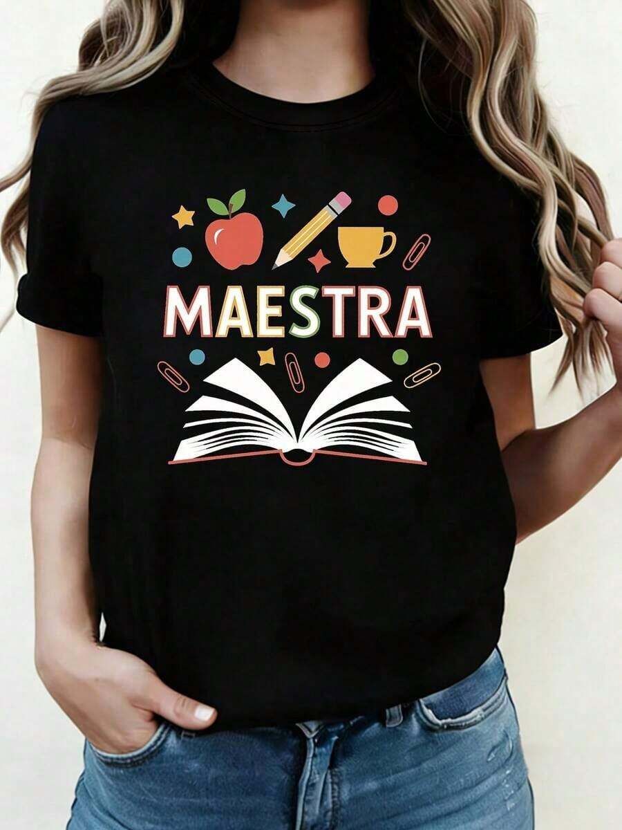 Women's T-Shirt With The Spanish Word MAESTRA, Meaning 'teacher', Featuring Illustrations Of Apples And A Pen. Ideal As A Gift For Birthdays, Easter, Or Mother's Day. Casual Black Short-Sleeved Crew Neck T-Shirt For Women. - 黑色 - 查看 1