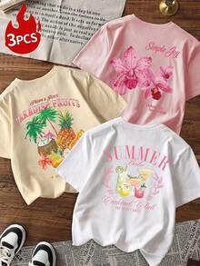 Single Item, Not A 3-Piece Set. Set Of 1. Set Of 1 Short-Sleeved T-Shirt With "Summer Girl" Prints, Tropical Fruits And Pink Orchids, Sweet And Edgy Style, Ideal For Beach Trips, Terrace Parties, Summer Music Festivals And Everyday Casual Outings. Y2k T-Shirt Shirt - 白色 - 查看 5