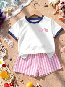 Set de 2 piezas: Camiseta de estilo de bloque de color con sal marina fresca + Pantalones cortos a rayas para niña, conjunto de moda de verano - Azul Marino - Ver 2