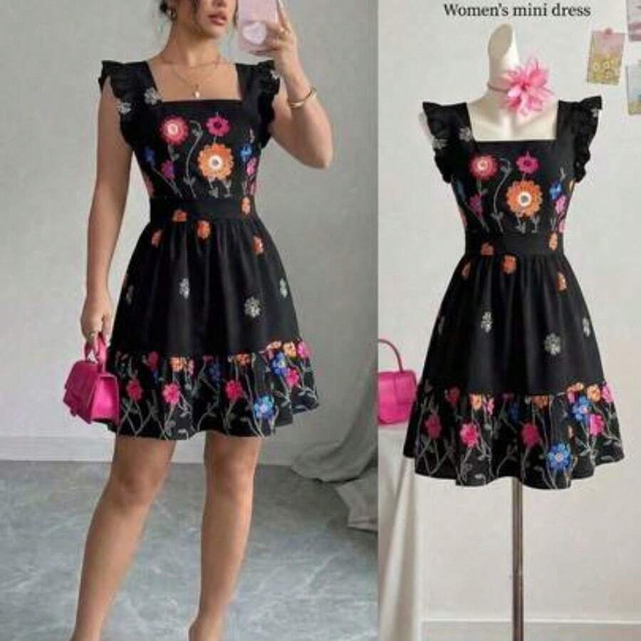 Vestido casual de vacaciones con estampado floral, sin mangas, cuello cuadrado, cintura ceñida y volantes en el bajo, adecuado para carnaval, Día del Trabajo, Pascua, vuelta al colegio, Día del Maestro, estudiante, campus, viaje, verano - Negro - Ver 1
