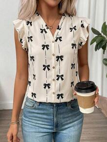 Clasi Blusa de mujer de verano con cuello en V y mangas cortas con estampado floral - Albaricoque - Ver 5