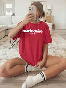 Women's Casual Spring/Summer T-Shirt Of The Mexican National Soccer Team, With Round Neck And Short Sleeves, White "PARIS" Letter Print, Suitable For All Seasons, Loose And Comfortable Fit, Plus Size Summer Top. - 紅色 - 查看 1