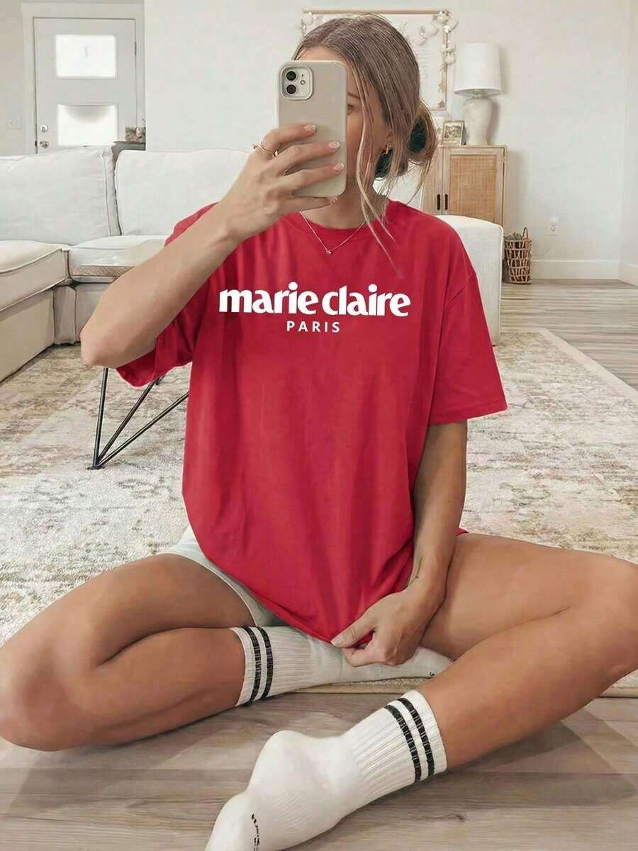 Women's Casual Spring/Summer T-Shirt Of The Mexican National Soccer Team, With Round Neck And Short Sleeves, White "PARIS" Letter Print, Suitable For All Seasons, Loose And Comfortable Fit, Plus Size Summer Top. - 紅色 - 查看 1