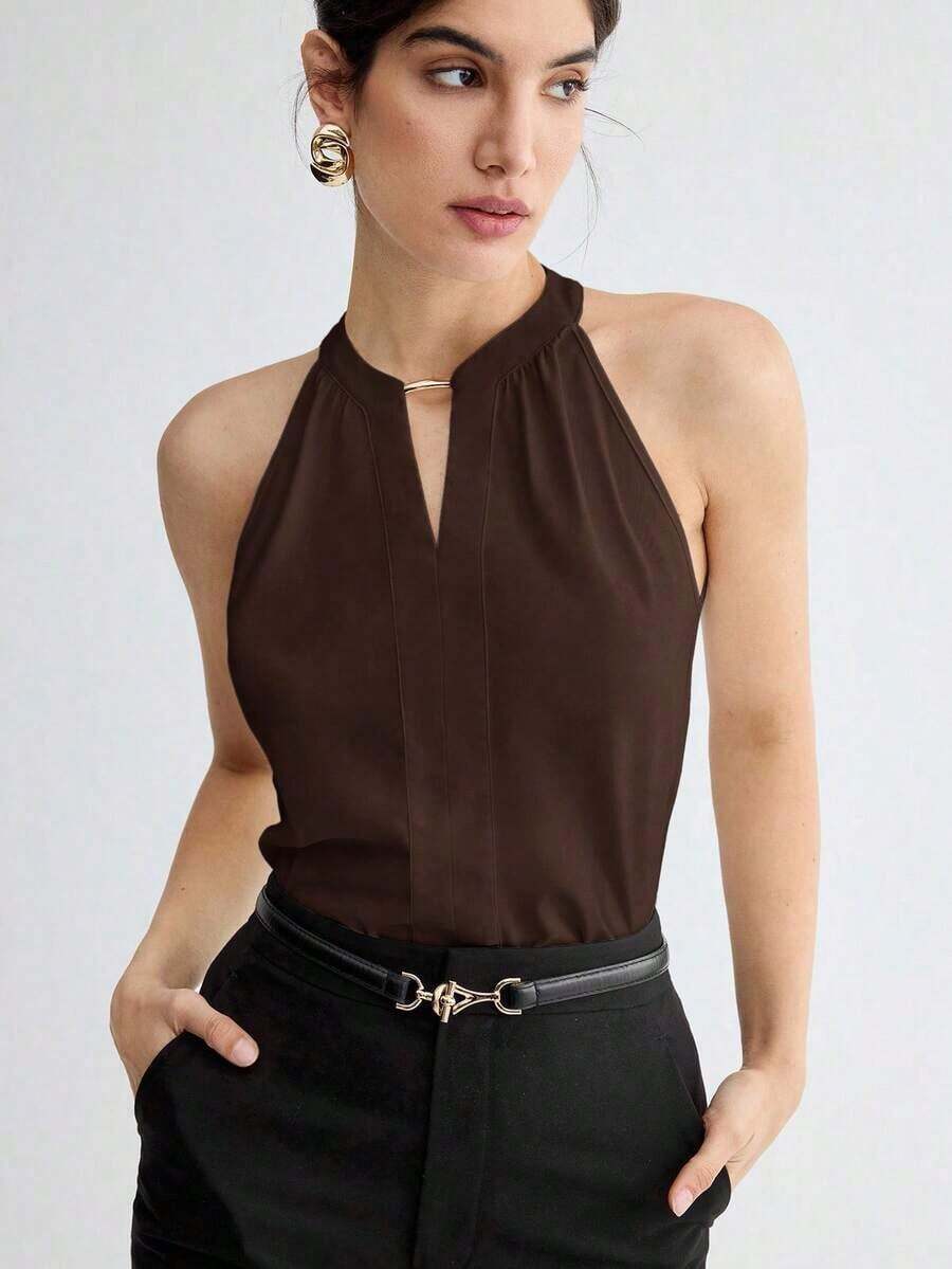 Nueva camiseta de tirantes elegante de cuello de ojo de cerradura de unicolor, versátil para el transporte urbano moderno, uso diario, retro romántico de los 90, adecuada para Navidad, Año Nuevo, San Valentín, fiesta, playa, graduación, moda, carn - Marrón - Ver 1