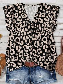 Blusa casual con estampado de hojas para mujer, azul marino, adecuada para el verano - Multicolor 2 - Ver 2