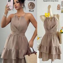 Vestido mini ajustado y acampanado sin mangas con lazo elegante y cuentas para mujer, color caqui, primavera/verano - Azul - Ver 6