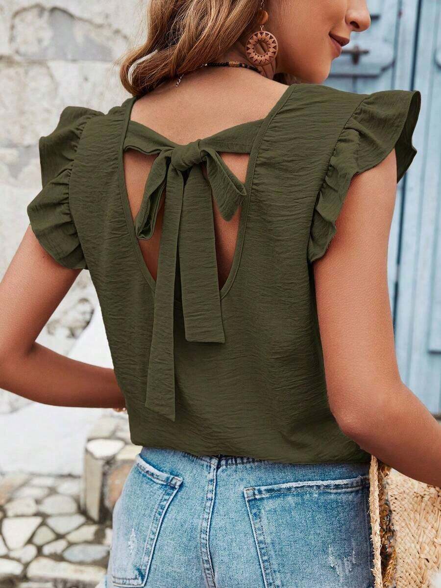 Blusa de verano para mujer con espalda cruzada, volantes y color sólido - Verde militar - Ver 1