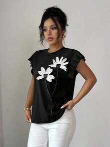 Camiseta de mujer con flores tridimensionales lindas y contrastantes para verano y otoño - Negro - Ver 3