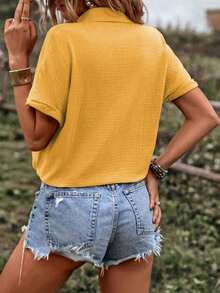 Camisa de verano para mujer, casual, suelta, de un solo botón y unicolor - Amarillo - Ver 2