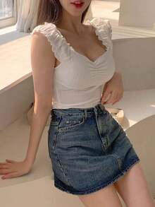 Top de camisola fruncido para mujer, top de cami ajustado y versátil - Blanco - Ver 3