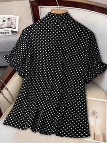 Blusa de manga corta holgada, casual, elegante, dulce y retro con estampado de lunares, cuello con volantes y talla grande para primavera/verano - Multicolor - Ver 2
