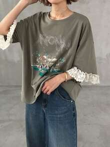 Camiseta de manga corta para mujer con ajuste holgado, estampado de letras, parches de encaje, de mezcla de algodón transpirable, versátil para primavera/verano - Verde militar - Ver 3