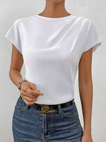 Blusa de manga de murciélago sólida, blusas de manga corta - Blanco - Ver 2