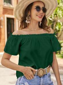 VCAY Blusa de hombros descubiertos ribete fruncido - Verde Oscuro - Ver 5