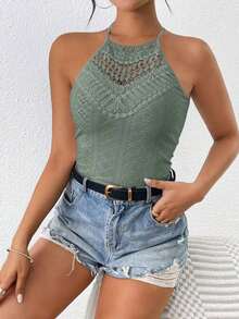Frenchy Top sin mangas ajustado con cuello de halter y encaje de contraste para vacaciones de mujer - Verde - Ver 7