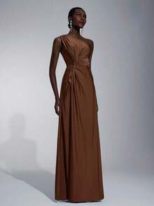 Vestido holgado de dama de honor de línea A con un hombro, de tela elástica tejida de color verde romántico y elegante - Marrón - Ver 8
