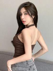 Top halter acanalado de un solo color, top de salida, top de tirantes, atuendo de crucero para mujeres - Café integral - Ver 2