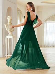 Vestido de dama de honor elegante de gasa con drapeado asimétrico para boda de primavera - Verde Oscuro - Ver 2