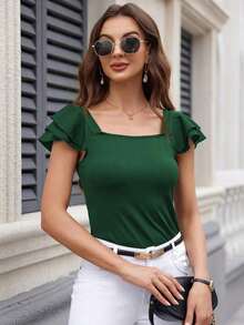 Camiseta casual de mujer de verano con cuello cuadrado, manga corta con volantes y unicolor - Verde Oscuro - Ver 5