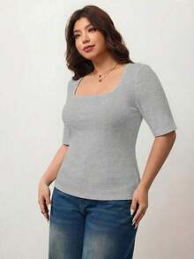 Camiseta de manga corta de cuello cuadrado de ajuste ceñido y elástica para mujer de talla grande, camiseta primavera y verano amigable con la piel, compatible con curvas redondeadas del Body, compatible con la forma del Body redondeada de Apple/20 - Gris Claro - Ver 3