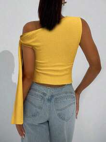 de mujer de estilo elegante y romántico para primavera, con cuello asimétrico, estilo elegante y sexy, adecuado para fiestas, vacaciones, citas románticas y vestidos de boda, con textura de punto y tirantes cruzados en los hombros, en color - Amarillo - Ver 6